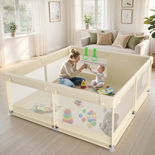 Image of Ugozee Large Beige Baby Playpen - 59x59inch Twins Playard for Babies and Infants,Safety Toddler Fence, Extra Large Beige Playpen for Indoors,Baby Activity Play Area,Baby Play Pen Gives Mommy a Break