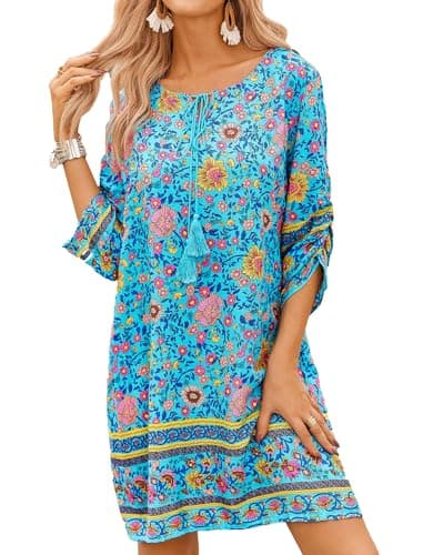 Image of CCAIPU Women's Summer Dress Bohemian Casual Dress Floral Pattern 3/4 Sleeve Tunic Dresses Short Tops Vintage Dresses (UK, Alpha, XXL, Regular, Regular, Blue)