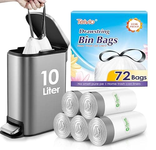 Image of Teivio 10 Liter Small Bin Liners with Tie Tap, 72 Counts Strong Drawstring Pedal Bin Bags Fit 8-10L Trash Can, Waste Paper Bin Bags for Home Office Kitchen Bathroom Bedroom, White Toilet Rubbish Bag