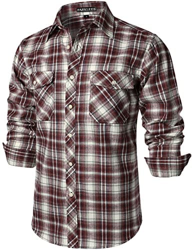 Image of PARKLEES Men's Casual Regular Fit Button Up Flannel Checked Plaid Shirts with Pockets PZLCL41 Rust Red L