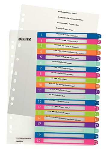 Image of Leitz 1-20 Index, A4, PC Printable, Heavy Duty Plastic, Extra Wide, White/Multi-Coloured, WOW Range, 12450000