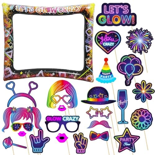 Image of Neon Glow Inflatable Photo Booth Frame With 25Pcs Props Kit for Birthday, Disco, and Dark Party Decoration