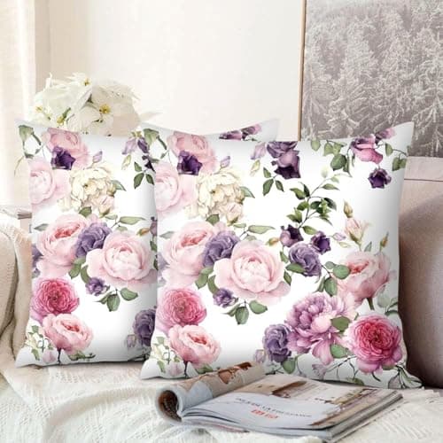 Image of Hoisy Floral Cushion Covers 45 x 45 Square Throw Pillow Covers 18x18 Decorative Set of 2 for Living Room Bedroom Sofa