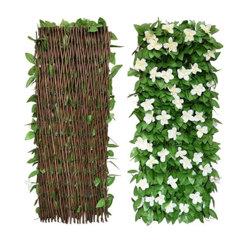 Image of 2Pcs Artificial Leaf Screening, Expandable Fence Privacy Screen for Balcony Patio Outdoor,Decorative Faux Ivy Fencing Panel,Artificial Hedges 40x200cm- Expanded (White Flowers)