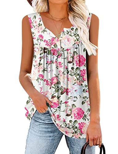 Image of KISSMODA Womens Tie-Dye Tops V Neck Soft T-Shirts Flowy Pleats Tunic Button up Casual Blouses Summer Sleeveless Tops WhitePink X-Large