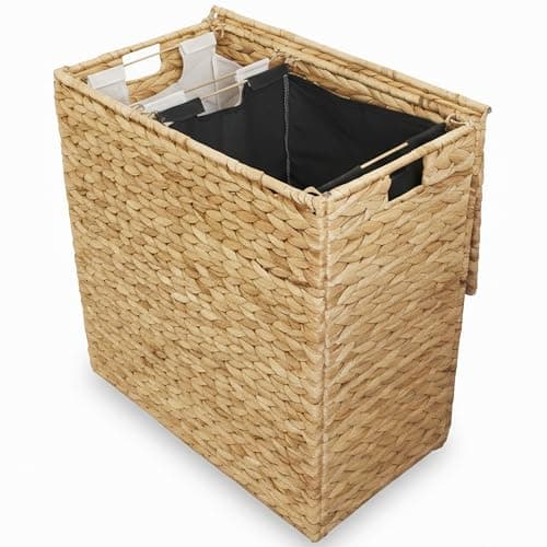 Image of naturlik Laundry Basket (120L) with Lid – Smart 2-Compartment Woven Hamper & Removable Bags – Sturdy Water Hyacinth Bin – Sustainable Sorter for Bedroom & Bathroom, 58x34x61cm