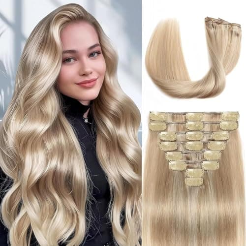 Image of LORIEN Clip in Hair Extensions Real Human Hair, 16 inch 90g, Dark Blonde Highlighted Bleach Blonde, Balayage Invisible Remy Human hair Clip in Extensions for Women Seamless Straight 8Pcs Double Weft