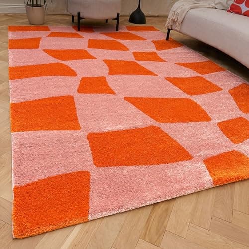 Image of THE RUGS Joli Area Rug - Soft Dense Pile Modern Artistic Design, Durable & Easy Care Carpet for Living Room & Bedroom - Irregular Checkered Orange & Pink, 120 x 170 cm