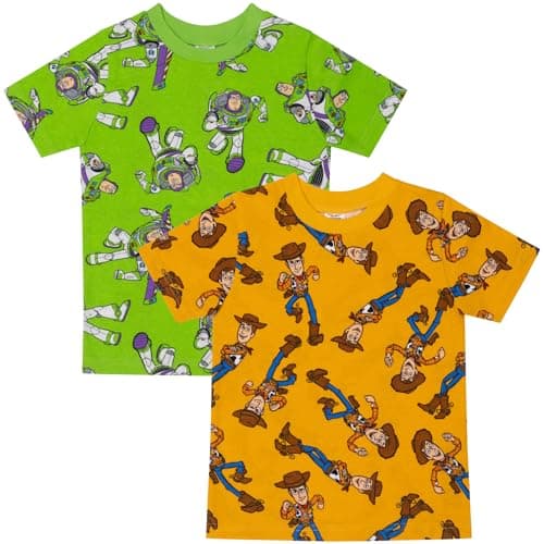 Image of Disney Toy Story Woody and Buzz Lightyear - Unisex 2 Pack 100% Combed Cotton Short Sleeved T-Shirts Tops - 2-3 Years 98cm Multicoloured