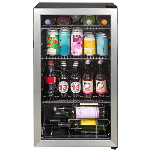 Image of Russell Hobbs Undercounter Fridge 93 Litre/48 Can Undercounter Freestanding Beverage/Drinks Wine Fridge for Beer in Stainless Steel LED Light Drinks & Snacks Glass Door 2 Year Guarantee RH48BC101SS