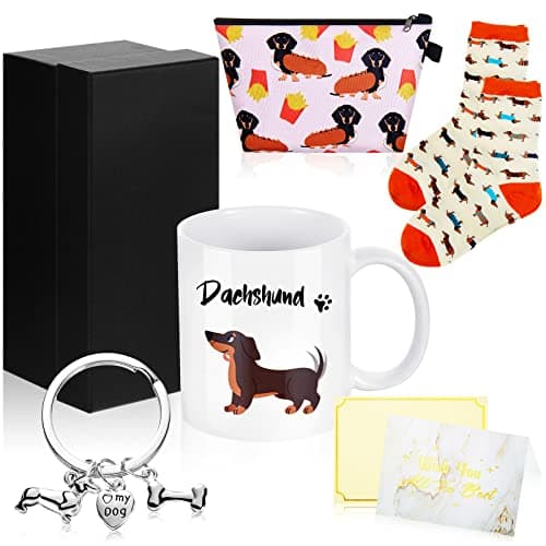 Image of Nuenen 5 Pieces Sausage Dog Gifts Set Includes Ceramic Funny Coffee Mug Socks Keyring Makeup Bag Greeting Card with Box Gift for Dachshund Dog Lover Mother Women Birthday Xmas Party