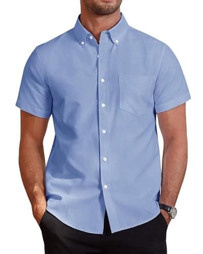 Image of J.VER Mens Blue Shirts Short Sleeve Shirt Regular Fit Non Iron Button Down Oxford Smart Casual Business Office Work Cotton Summer Dress Shirt M