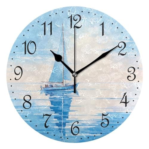 Image of Mnsruu Wall Clock Oil Painting Sailboat, Silent Non-Ticking Decorative Wall Clocks Battery Operated 25x25cm