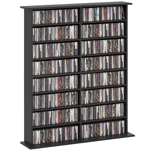 Image of HOMCOM 720 CD/396 DVD Storage Unit, 396 Blu-ray Media Storage Shelf with 16 Compartments and 12 Adjustable Shelves, CD Tower for Living Room, Bedroom, Office, Black