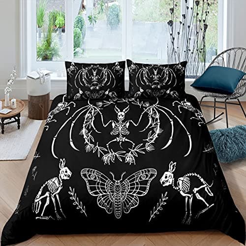 Image of Loussiesd Skull Duvet Cover Bat Skeleton Bedding & Linen Boho Moth Gothic Skull Bedding Set For Kids Boys Girls Adults Halloween Themed Bedding & Linen Ultra Soft Horror King Size Bedclothes Zipper