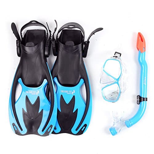 Image of Two Bare Feet Snorkel, Mask and Fins/Flippers PVC Diving Set (Kids) With Anti Fog and Wide View Mask, Anti-Leak, Tempered Glass- Scuba Dive Snorkelling Sets (L/XL (UK 1-4), Aqua)