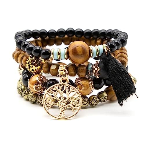 Image of ALLY-MAGIC Boho Beaded Bracelets for Women,Multi-Layer Wooden Beaded Bracelet,Elastic Bracelet,Tassel Bracelet with Tree of Life Pendant,Love Statement Bangles Christmas Women Gift Y5MZLSSC