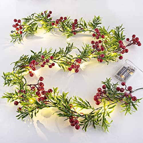 Image of 5.9FT Artificial Christmas Garland String Lights with 162 Snowy Red Berries 55 Green Leaves 20 LED Lights Battery Operated for Xmas Mantle Indoor Outdoor Holiday Christmas Thanksgiving Decoration