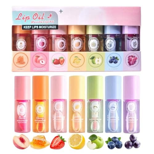 Image of 7PCS Lip Oil Set,Hydrating Magic Colour Changing Lip Balm & Long Lasting Lip Gloss Kit,Clear Tinted Lipstick & Lip Care Multipack for Women,Colour Changing Lipstick,Non-Sticky Gloss,Fruit-Flavored