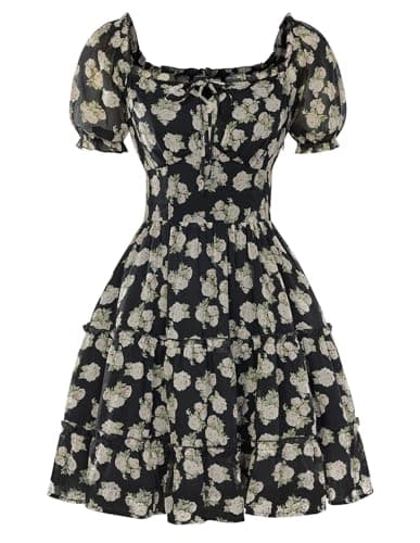 Image of SCARLET DARKNESS Women's Mini Dress Square Neck Puff Short Sleeve Floral Dress Ruffled A-Line Summer Casual Sundress Black L