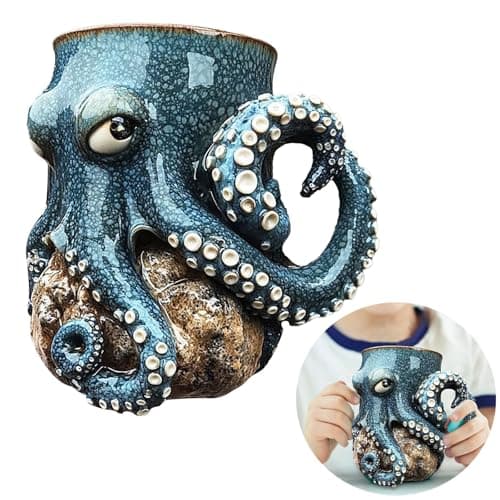 Image of Octopus Coffee Mugs,Oceans Creature Octopus Mug, Funny Ceramic Cup, Octopu Shaped Statue Cup Coffee Mug Resin Beverage Drinkware for Sea Lovers Autumn Mug
