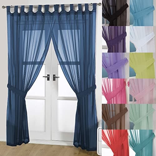 Image of John Aird Pair Of Woven Voile Tab Top Curtain Panels. Tiebacks Included (Navy, 58" Wide x 90" Drop)