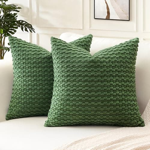 Image of Artscope Pom Poms Decorative Corduroy Cushion Covers 55x55cm Super Soft Boho Striped Square Pillow Covers Case Geometric for Sofa Couch Bedroom Car Decor Set of 2, Forest Green