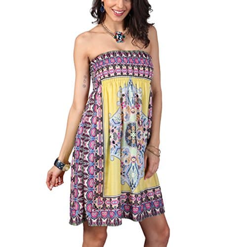 Image of OCTOPUSIR Women Sleeveless Strapless Beach Sundress Ladies Summer Ethnic Bohemian Off Shoulder Floral Printed Bandeau Boobtube Casual Mini Cover Up Dress,Colour 7