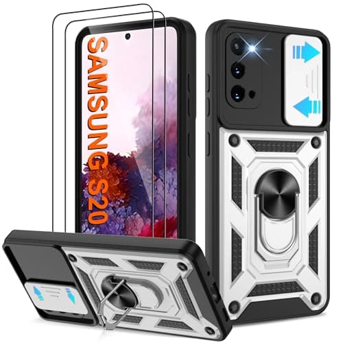 Image of Pilaru Shockproof Case for Samsung S20 Military-Grade Drop Proof Dual-Layer Protective with Camera Slide Cover | Precision Hole, Built-in Kickstand & 2 Screen Protectors for Galaxy S20 Phone,Silver