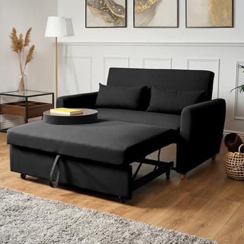 Image of Bravich Black 2 Seater Sofa Bed Double, Pull Out Sofa Bed for Adults, Compact Fabric Sofabed with Fold Flat Mattress | Living Room Guest Bed | 140cm