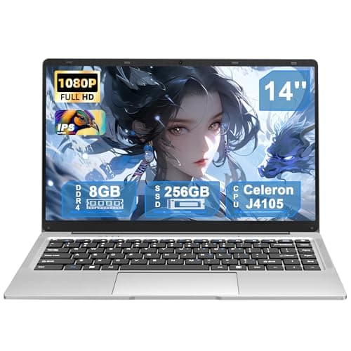 Image of Rumtuk 14-inch Laptop, Celeron J4105 Quad-Core, 8GB DDR4 RAM, 256GB SSD, FHD IPS Display, 180° Hinge, Webcam, TF Card Slot, USB 3.0, HDMI, Lightweight Notebook for Work, Study & Travel, Silver