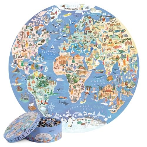 Image of bopster 1000-Piece Round World Map Jigsaw Puzzle for Adults & Teens | Illustrated Globe Design | Premium 1000pc Puzzle | Giftable Family Activity