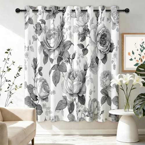 Image of Eyelet Blackout Curtains for Living Room W 52" x L 63" 2 Panels, Noise Reduction & Heat Insulation Pastoral Vintage Elegant Floral Rose Printed Curtains for Boys and Girls' Bedrooms, Black & White