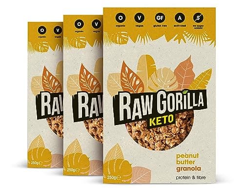 Image of Raw Gorilla Keto Peanut Butter Granola 3 Pack of 250g | Low Sugar, Vegan, No Added Sugar, Low Carb 4g Net Carbs, Plant Based Breakfast Cereal with Activated Nuts, Grain & Gluten Free