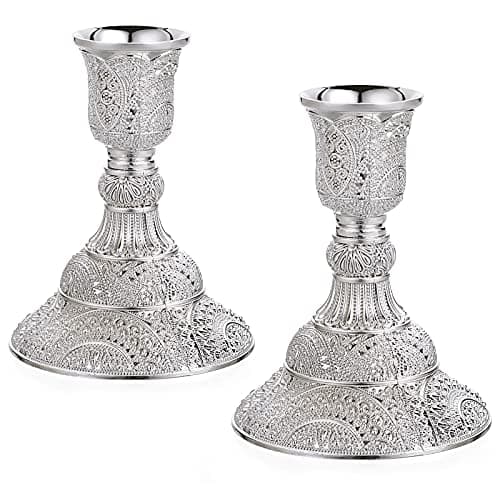 Image of BSTKEY 2 Pack Metal Candle Holder Candlestick Holder Stand, Table Decorative Votive Candle Centerpiece Holder, Silver Taper Candle Holder Candlelight Stand