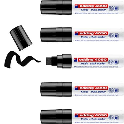 Image of edding 4090 Chalk Marker - Black - 5 Chalk pens - Chisel tip 4-15 mm - Broad-Tipped Wet Wipe Pen for chalkboards, Windows, Glass, Mirrors - Liquid Chalk Marker pens for Opaque Coverage