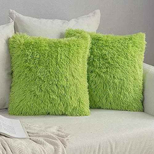 Image of MIULEE Pack of 2 Faux Fur Throw Pillow Cover Fluffy Soft Decorative Square Pillow covers Plush Case Faux Fur Cushion Covers For Livingroom Sofa Bedroom 16"x16" Green
