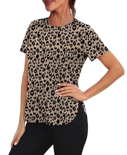 Image of Aokosor Gym Tops for Women UK Loose Fit Casual Lightweight Summer Tee Shirts Workout Athletic Clothes Soft Stretchy Active Wear Leopard Size 22-24