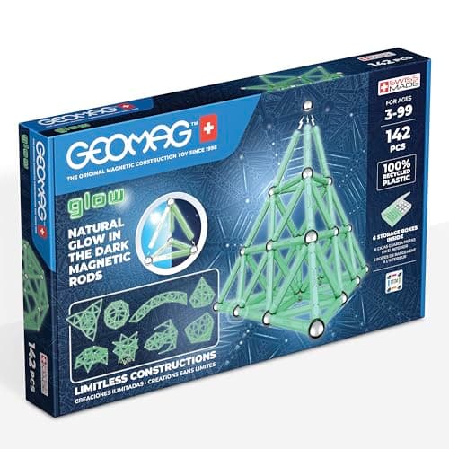Image of GEOMAG, Recycled Glow, Magnetic Constructions With Glow Effect, Magnetic Bars Glowing in the Dark, 142-Piece Pack, 100% Recycled Plastic