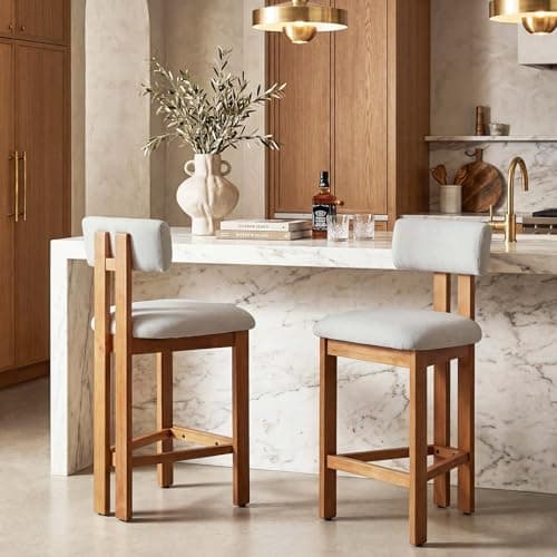 Image of younturn Retro Mid Century Bar Stools Set of 2, Comfort Padded Linen Upholstered Seats Breakfast Barstools with Backrest, Solid Wooden Legs and Footrest, Stools for Kitchen Island, Home Bar, Beige