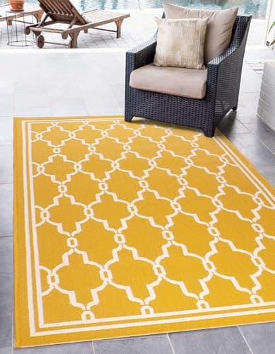 Image of Lord of Rugs Indoor Outdoor Rug Terrace Spanish Tile Pattern Garden Trellis Patio Living Room Kitchen Flatweave Rug Gold Medium 120x170 cm (4'x5'6")