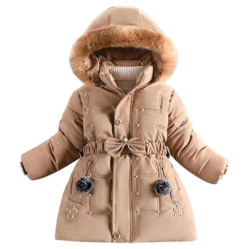 Image of Runstarshow Girls' Winter Jacket Padded Coat Hooded Parka Fleece Lined Kids Warm School Coats with Detachable Hood Faux Fur Collar Belt Pockets Outerwear for Girls Aged 3-12 Years