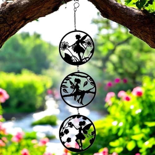 Image of Epsom Door Handle Black Fairy Silhouette Hanging Trio Spinner 60cm X 15cm 3-Tier Kinetic Wind Spinner for Garden Home Outdoor Metal Hanging Fairy Ornament