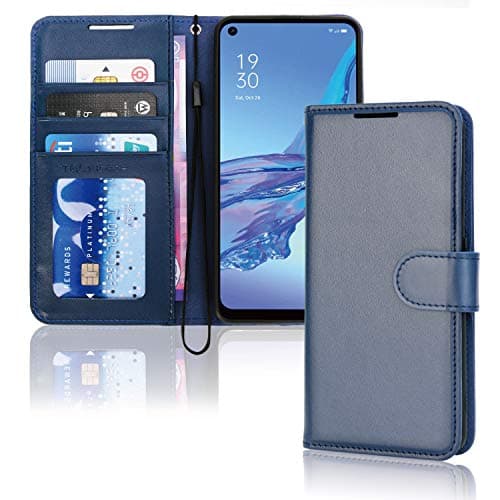 Image of TECHGEAR Leather Wallet Case for Oppo A53 / A32, Flip Protective Case Cover with Wallet Card Holder, Stand & Wrist Strap - Blue PU Leather with Magnetic Closure