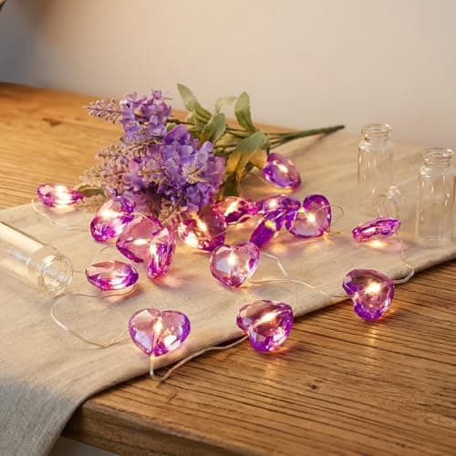 Image of HHMTAKA Purple Crystal Love Heart String Fairy Lights 20 Warm White Micro LEDs on 2m Silver Wire Battery Operated Indoor Romantic Lighting for Home Bedroom Wedding Indoor Décor