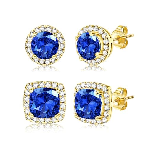 Image of Dochais 2 Pairs Cubic Zirconia Stud Earrings for Women Men Hypoallergenic 925 Sterling Silver Post Earrings 14K Gold Plated Round & Square Brilliant Simulated Diamond Earring Studs Gold Blue