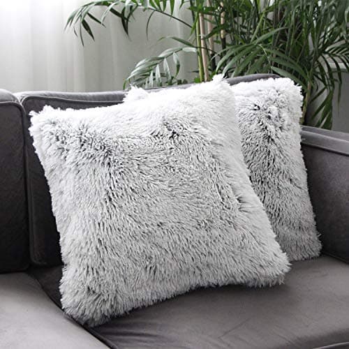 Image of Uhomy 2 Packs Fluffy Plush Pillow Cover 18"x18", Luxury Gray Soft Fuzzy Faux Fur Throw Pillow Cover Cushion Case for Sofa Bed, Fall Winter Home Decorative Gray Ombre 45x45 cm Two Sides Fur