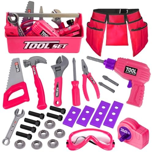 Image of LOYO Kids Tool Set - 30Pcs Pretend Play Tool Box with Belt, Electric Toy Drill, Construction Tool Toys for 3-6 Year Old Girl Boys Gifts(Pink)