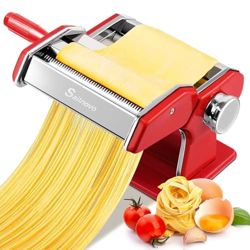 Image of Sailnovo 3-in-1 Stainless Steel Pasta Machine - 9 Adjustable Thickness Settings, 2 Width Cutters, 180 Aluminium Alloy Pasta Roller, Pasta Maker for Fresh Pasta, Spaghetti, Lasagne & Dumplings, Red