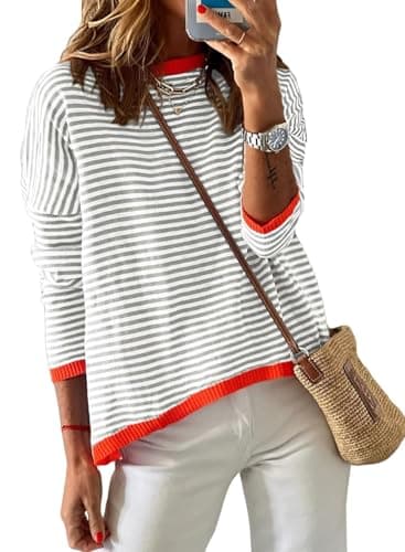 Image of Cuptacc Jumpers for Women UK Round Neck Sweatshirts Womens Striped Top Lovely Ladies Fashion Clothes Gray L 16-18
